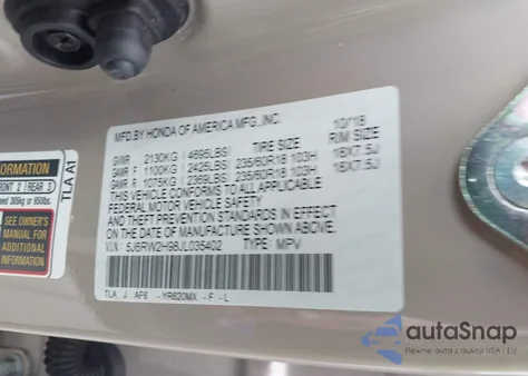 2018 Honda Cr-V Touring from USA, damaged, VIN 5J6RW2H98JL035402